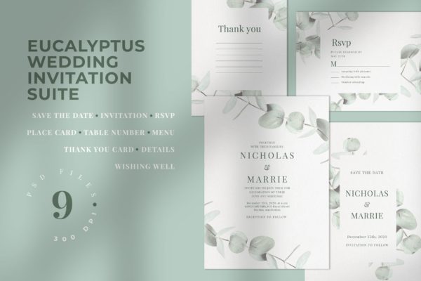 桉树装饰元素婚礼邀请设计素材包 Eucalyptus Wedding Invitation Suite