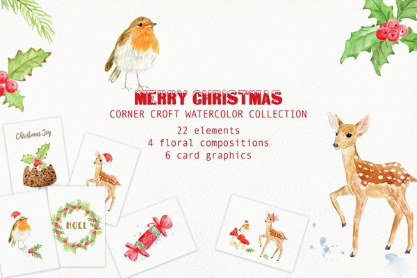 水彩设计风格圣诞节主题卡片设计模板 Watercolor Merry Christmas Cards