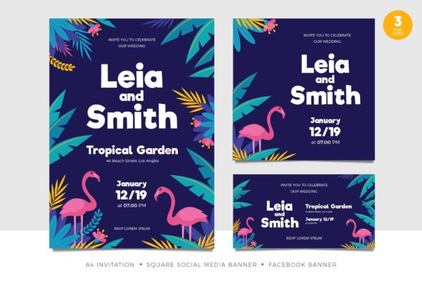 热带夏季婚礼邀请函第一素材精选模板套件 Tropical Summer Wedding Invitation Set Template