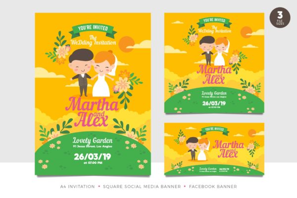 可爱新人手绘插画婚礼邀请函第一素材精选模板套件 Cute Couple Wedding Invitation Set Template