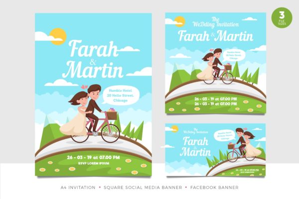 浪漫手绘设计风格婚礼邀请函第一素材精选模板套件 Romantic Couple Wedding Invitation Set Template