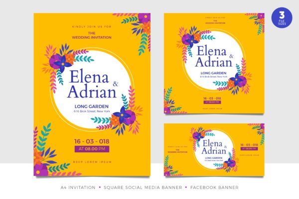 漂亮手绘花卉装饰婚礼邀请函设计套件 Beautiful Floral Wedding Invitation Set Template