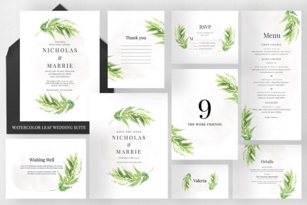 水彩叶子手绘图案婚礼邀请设计套件 Watercolor Leaf Wedding Suite