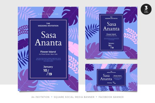 异国风情植物手绘婚礼邀请函设计套件 Exotic Nature Wedding Invitation Set Template