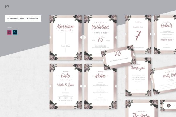 手绘花卉图案装饰风格婚礼邀请设计素材包 Floral Wedding Invitation Suite