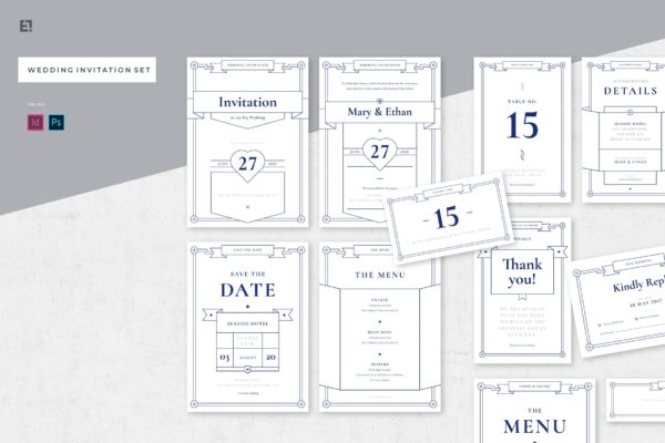 蓝色简约线条艺术风格婚礼邀请函设计套装 Wedding Invitation Suite