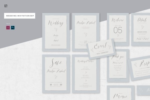 低调简约撕纸风格婚礼婚宴邀请设计素材 Wedding Invitation Suite