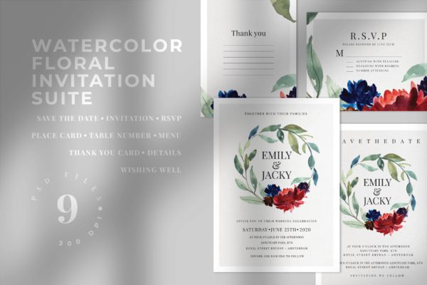 水彩手绘花环装饰婚礼主题设计素材包 Watercolor Floral Wedding Suite