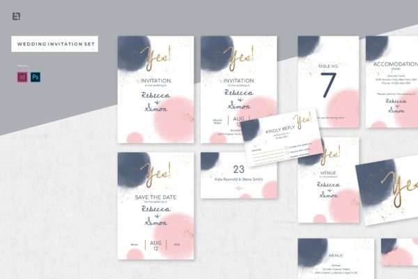 淡水彩艺术婚礼邀请设计素材包v1 Wedding Invitation Set