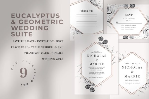 桉树和几何图形手绘图案背景婚礼邀请函设计套件 Eucalyptus & Geometric Wedding Suite