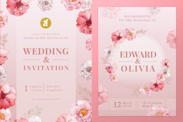 手绘水彩花卉婚礼请柬设计模板 Floral Hand-drawn Watercolor Wedding Invitation