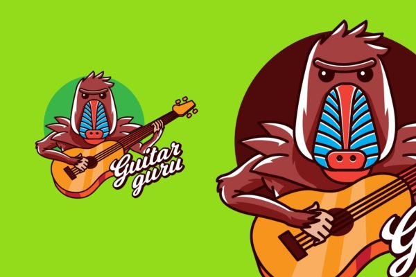 吉他大师卡通形象音乐培训品牌Logo设计蚂蚁素材精选模板 GUITAR GURU – Mascot & Esport Logo