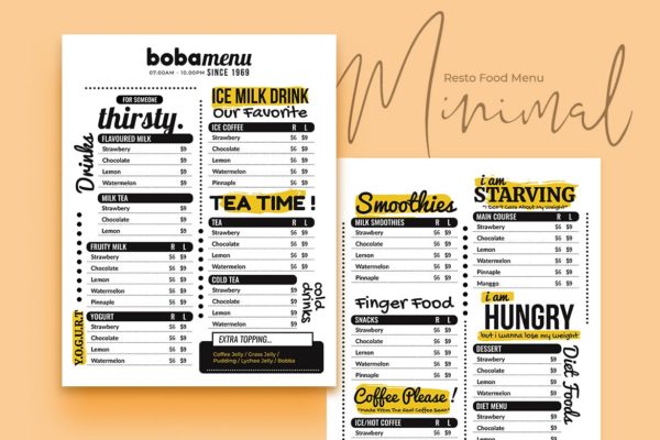 奶茶店/雪糕店/咖啡店极简设计风格菜单模板v1 Minimal Resto Food Menu Vol. 1