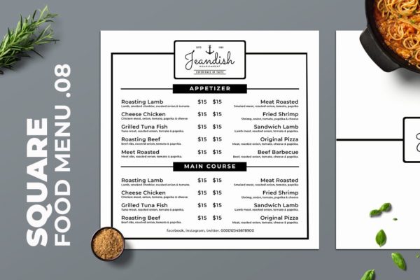 黑白配色西餐第一素材精选菜单模板v08 Square Food Menu. 08