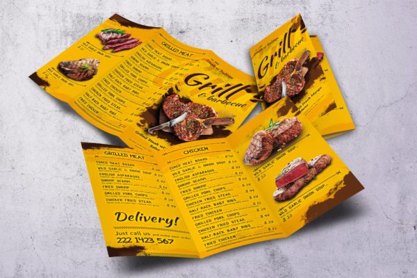 A4&美国信纸规格三折页BBQ烧烤店第一素材精选菜单模板 Barbecue Trifold A4 & US Letter Food Menu