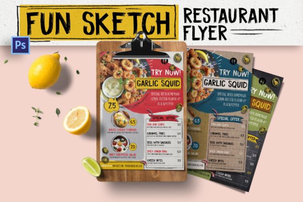 素描线条设计风格餐厅菜单模板 Fun Sketch Food Menu