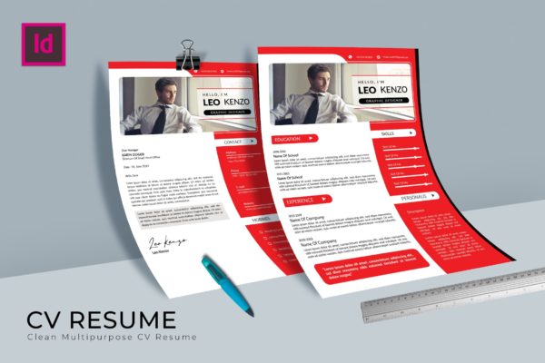设计师红色简历&介绍信设计模板 Etsy CV Resume Template