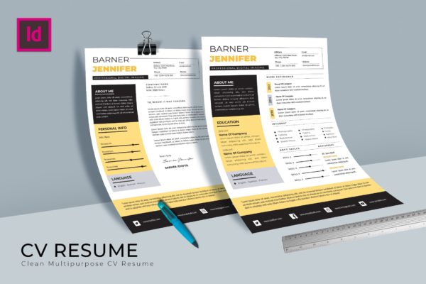 特色排版设计个人简历&推荐信模板 Barner CV Resume Template