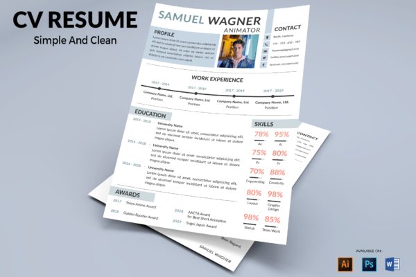 动画片制作职位简历现代排版设计模板 CV Resume Modern And Simple