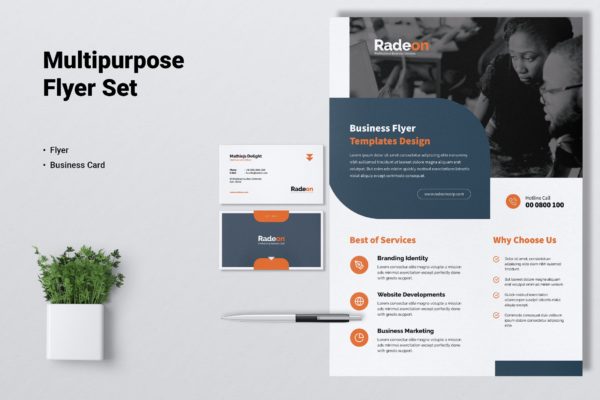 创意代理公司宣传单和蚂蚁素材精选名片模板 RADEON Creative Agency Flyer & Business Card