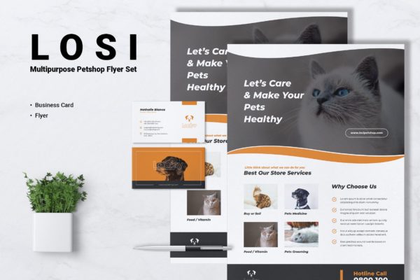 宠物店业务传单&蚂蚁素材精选名片模板 LOSI Pet Shop Business Flyer & Business Card