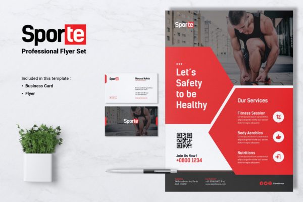 健身体育运动俱乐部传单&蚂蚁素材精选名片模板 SPORTE Sport Fitness & Gym Flyer & Business Card