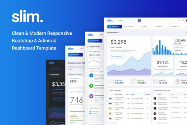 现代简约管理员&仪表盘Bootstrap模板蚂蚁素材精选 Slim Clean & Modern Bootstrap 4 Admin & Dashboard