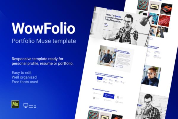 响应式单页个人作品集/摄影网站Muse模板蚂蚁素材精选 WowFolio – Responsive Portfolio / Resume Muse Temp
