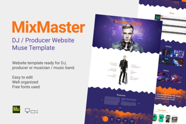 创意DJ/音乐制作人网站Muse模板蚂蚁素材精选 MixMaster – DJ / Producer Website Muse Template