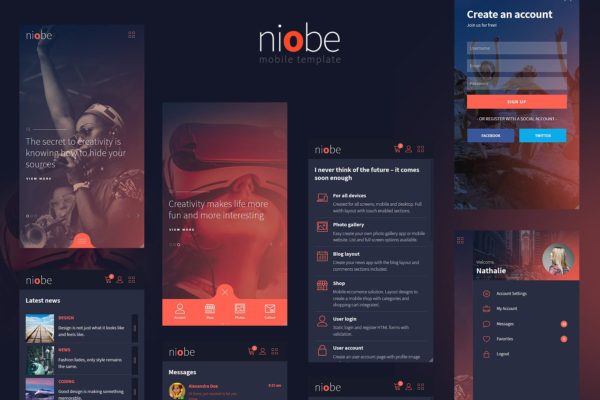 时尚暗色调H5手机网站模板第一素材精选素材 Niobe – Html Mobile Template