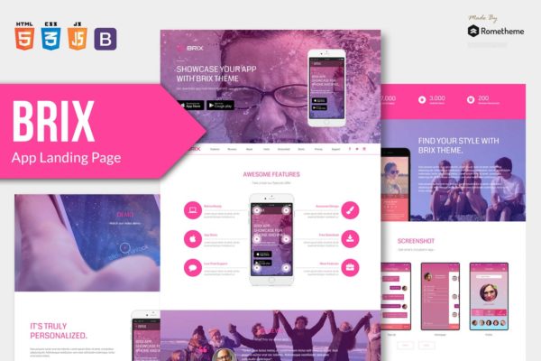 多主题风格APP应用官网设计HTML模板蚂蚁素材精选 BRIX – Mobile App landing page HTML Template