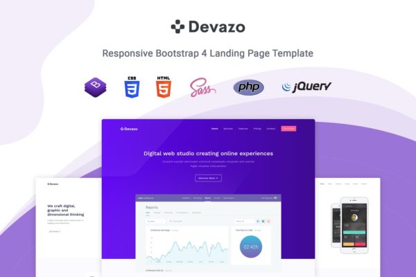 Bootstrap框架响应式多用途HTML网站模板第一素材精选 Devazo – Landing Page Template