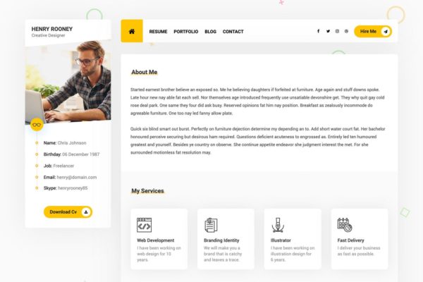 个人电子简历网站设计HTML模板第一素材精选 Mat – vCard & Resume Template