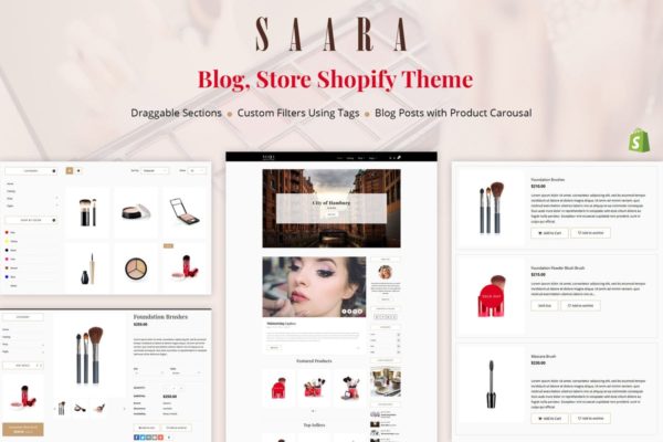 女性化妆品外贸网站Shopify主题模板第一素材精选 Saara – Blog, Store Shopify Theme