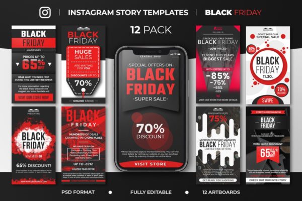 黑色星期五购物节Instagram故事促销广告模板第一素材精选v2 Black Friday Instagram Story Feed Templates