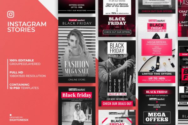 黑色星期五购物节Instagram故事促销广告模板第一素材精选v2 Black Friday Instagram Story Feed Templates