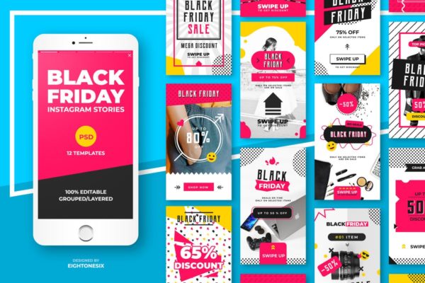 黑色星期五购物节Instagram故事促销广告模板蚂蚁素材精选v5 Black Friday Instagram Story Feed Templates