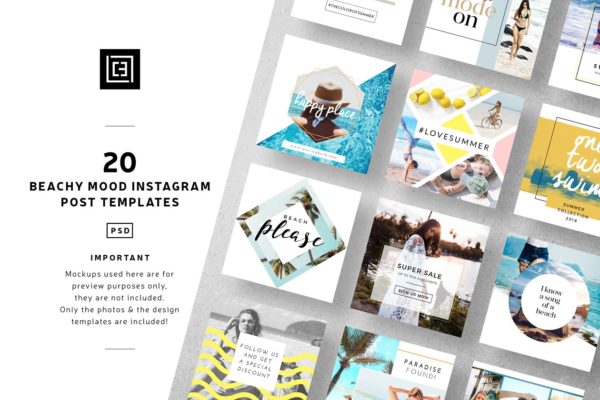 创意几何图案Instagram文章贴图模板蚂蚁素材精选 Beachy Mood – Instagram Posts
