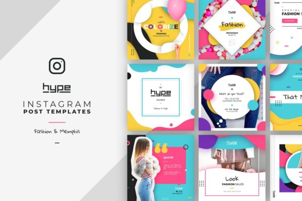 孟菲斯时尚风格Instagram文章贴图模板蚂蚁素材精选 Memphis style fashion Instagram post template