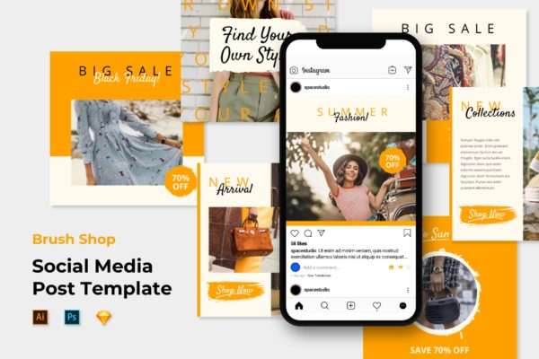 网购促销活动社交推广设计素材 Brush Shop – Social Media Design Posts Templates