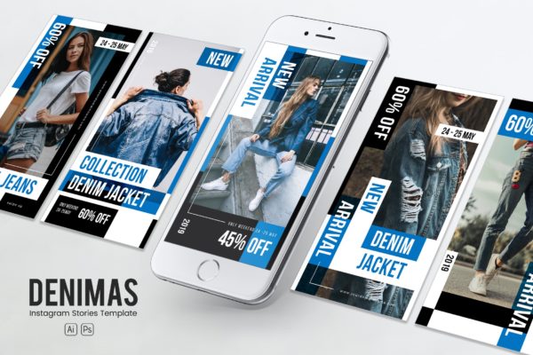 牛仔服饰Instagram品牌推广PSD&AI模板第一素材精选 Denim Clothing Instagram Stories PSD & AI Template
