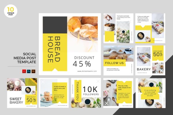 面包店/面包品牌社交媒体广告设计PSD&AI模板第一素材精选 Bakery Social Media Kit PSD & AI Template