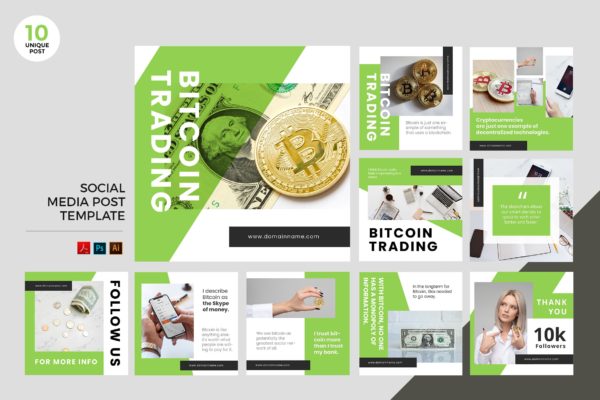 比特币交易主题社交媒体广告设计PSD&AI模板第一素材精选 Bitcoin Trading Social Media Kit PSD & AI