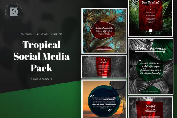 适用于旅游品牌推广的社交平台设计模板蚂蚁素材精选 Tropical Quote Global Warming Kit
