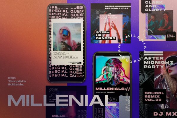 极简主义设计风格社交平台设计素材 MILLENIAL Social Media Template + Instastory