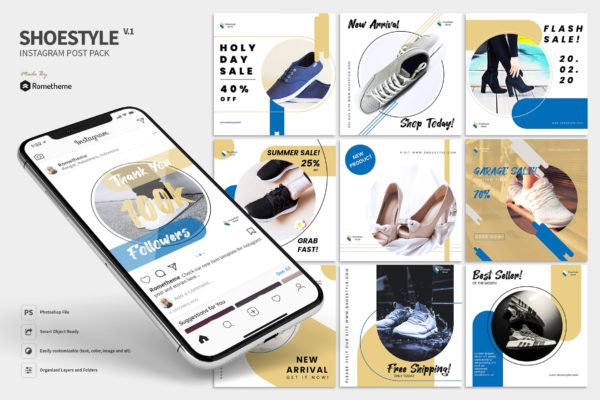 潮牌运动鞋品牌Instagram社交推广设计素材 ShoeStyle Product – Instagram Post Pack