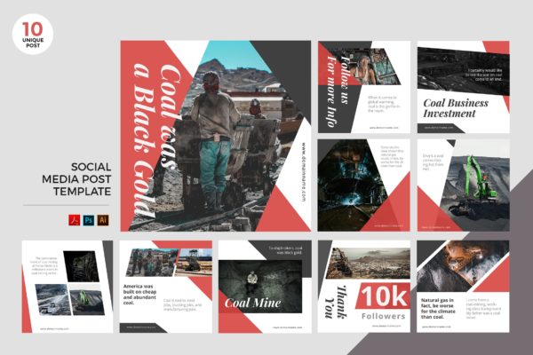 煤矿公司社交宣传PSD/AI设计模板蚂蚁素材精选 Coal Mining Social Media Kit PSD & AI