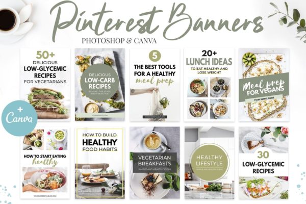 Pinterest图钉社交平台美食品牌推广设计模板第一素材精选v3 Canva Pinterest Templates V.3