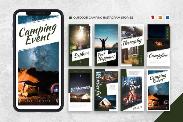 户外野营活动Instagram社交推广设计素材[AI&PSD] Outdoor Camping Instagram Stories AI and PSD
