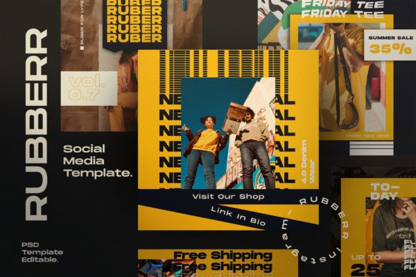 品牌促销社交媒体推广设计素材 RUBBERR – Social media Template + Stories